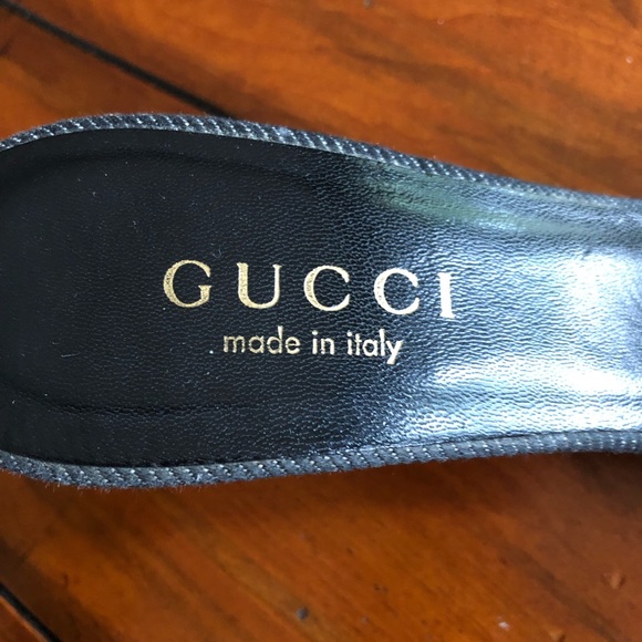 Gucci Kitten Heel Slide Sandal Denim 3” Gold Logo - Picture 2 of 8